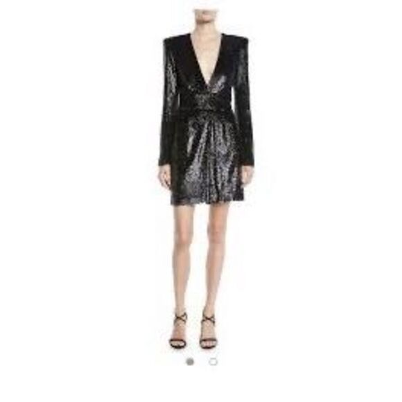 A.C.L. Black Mara Sequined Strong Shoulder Long Sleeve Mini Dress Size 4 - Picture 1 of 13
